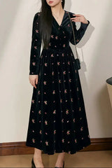 V-Neck Floral Embroidered Maxi Dress in black