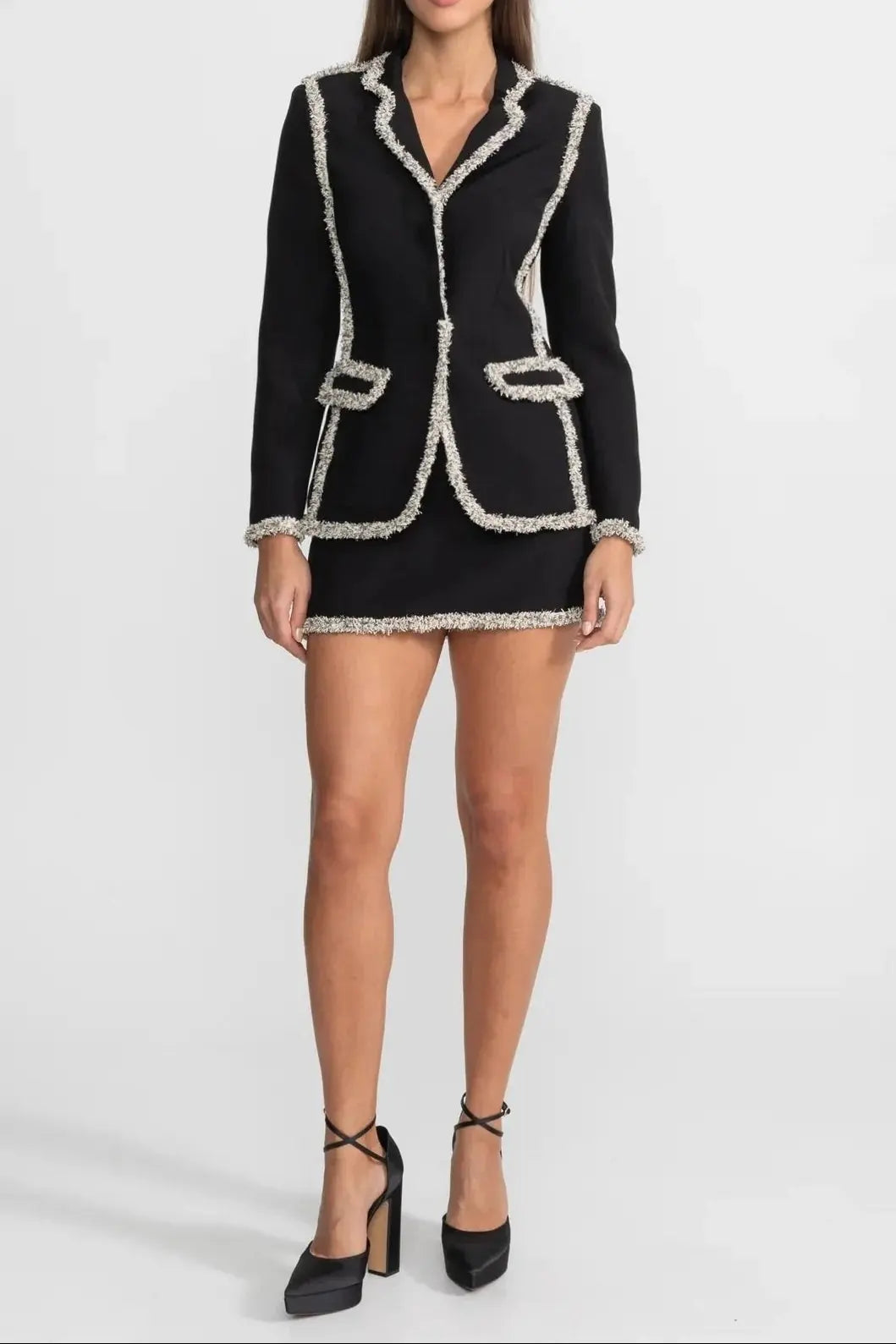 Trim Blazer Matching Mini Skirt Set - Black