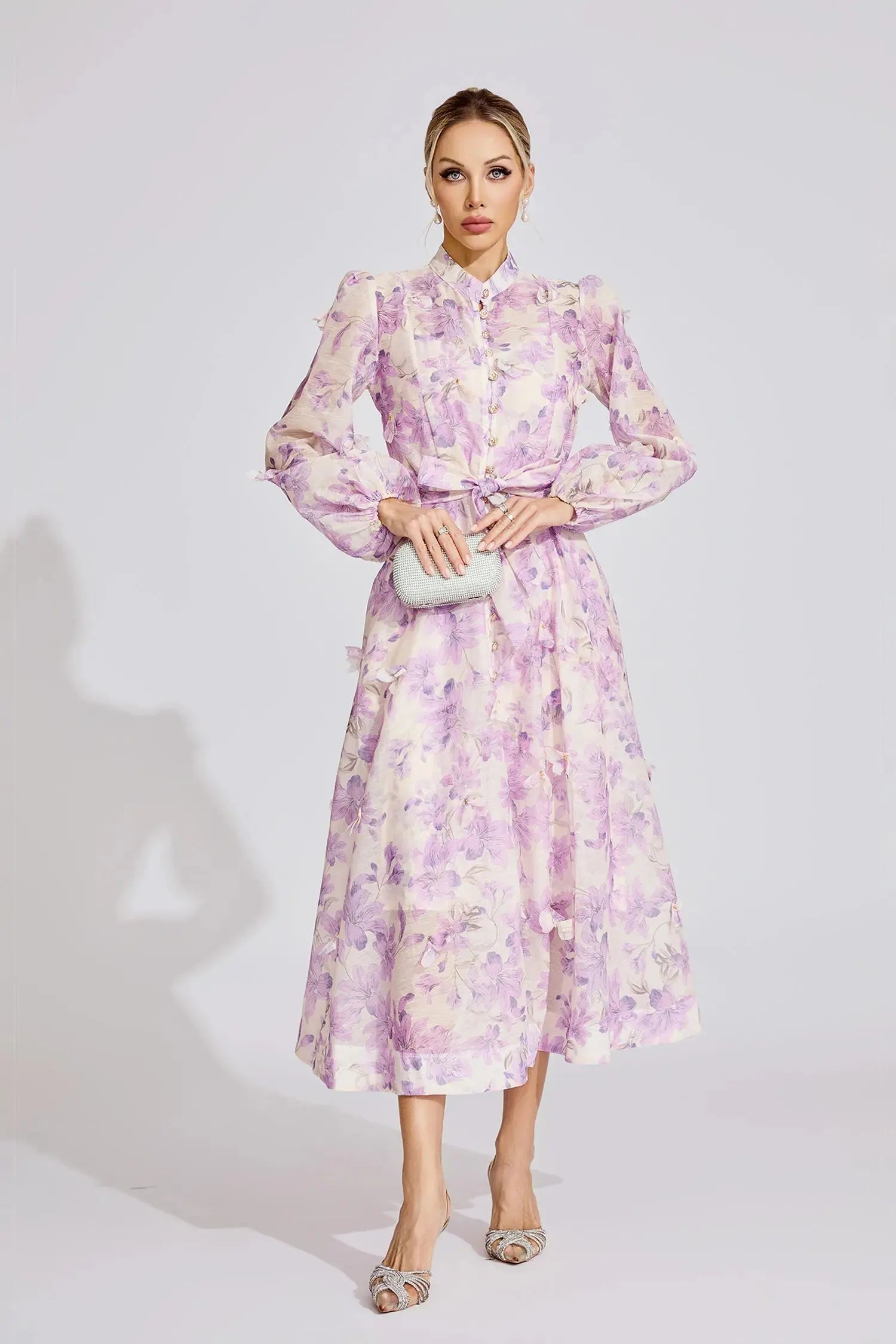 Floral Print Lantern Sleeve Maxi Dress in Purple
