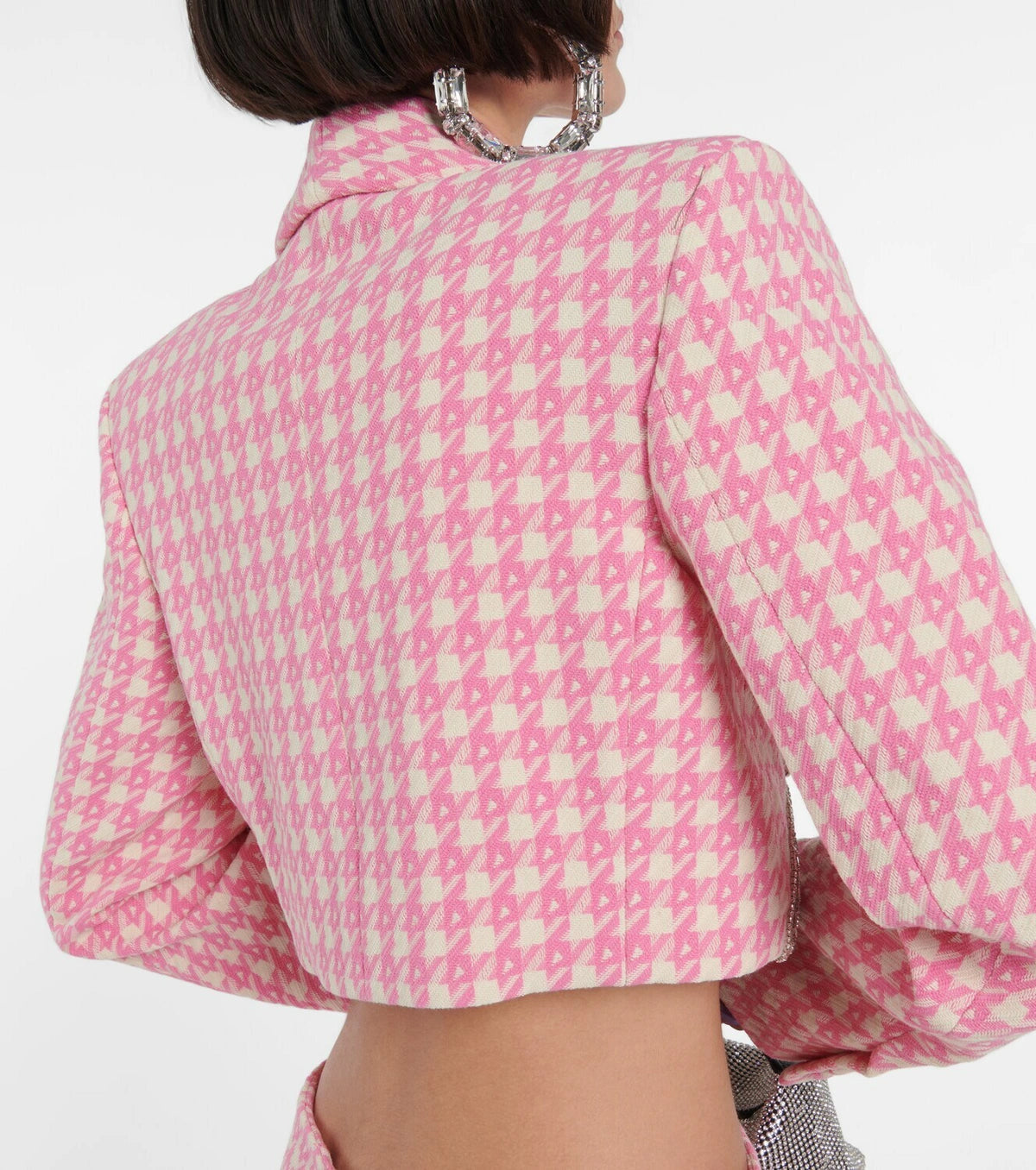 Embellished Checked Wool-Blend Blazer Set in Pink