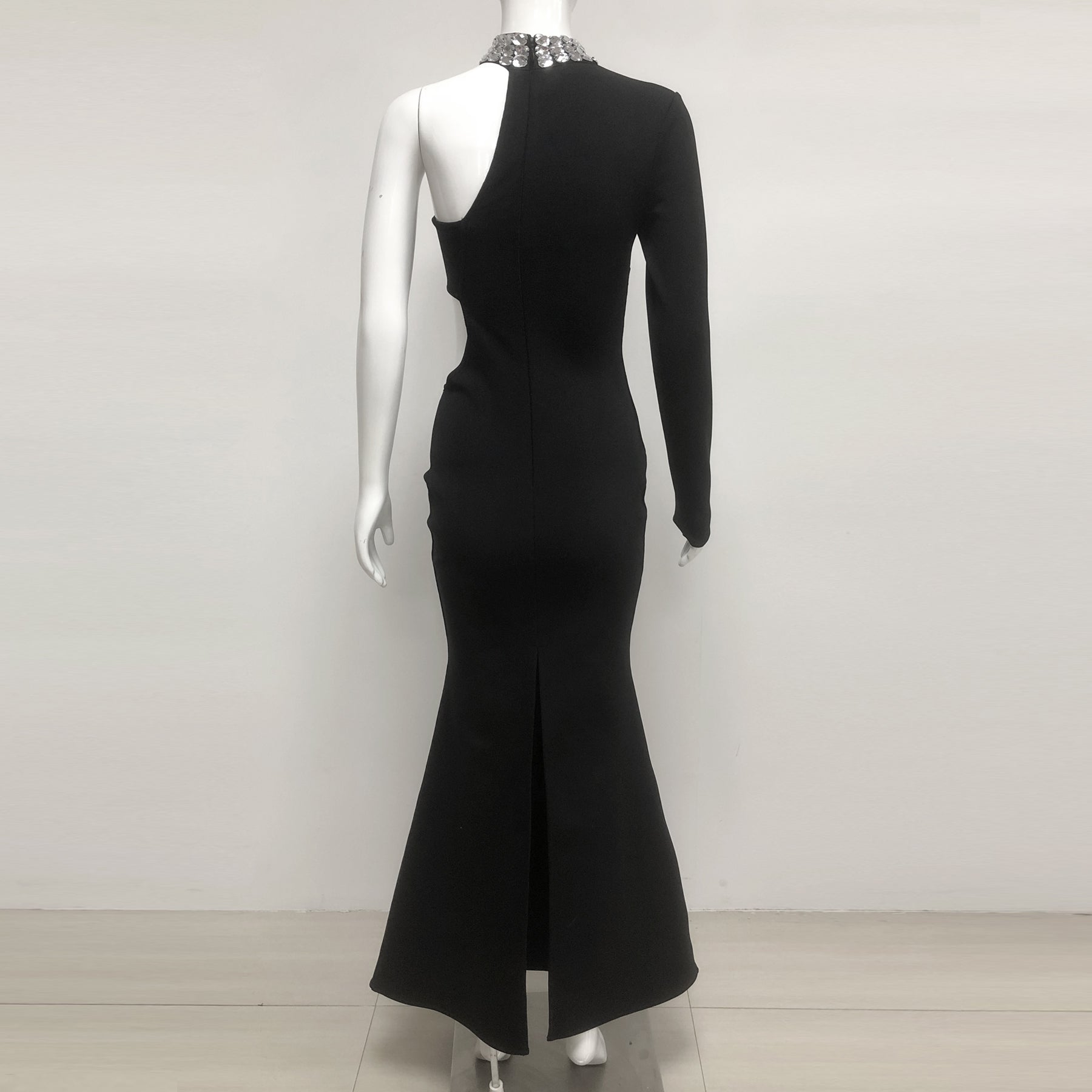 Crystal Embellished One-Sleeve Cut-Out Maxi Dress in black