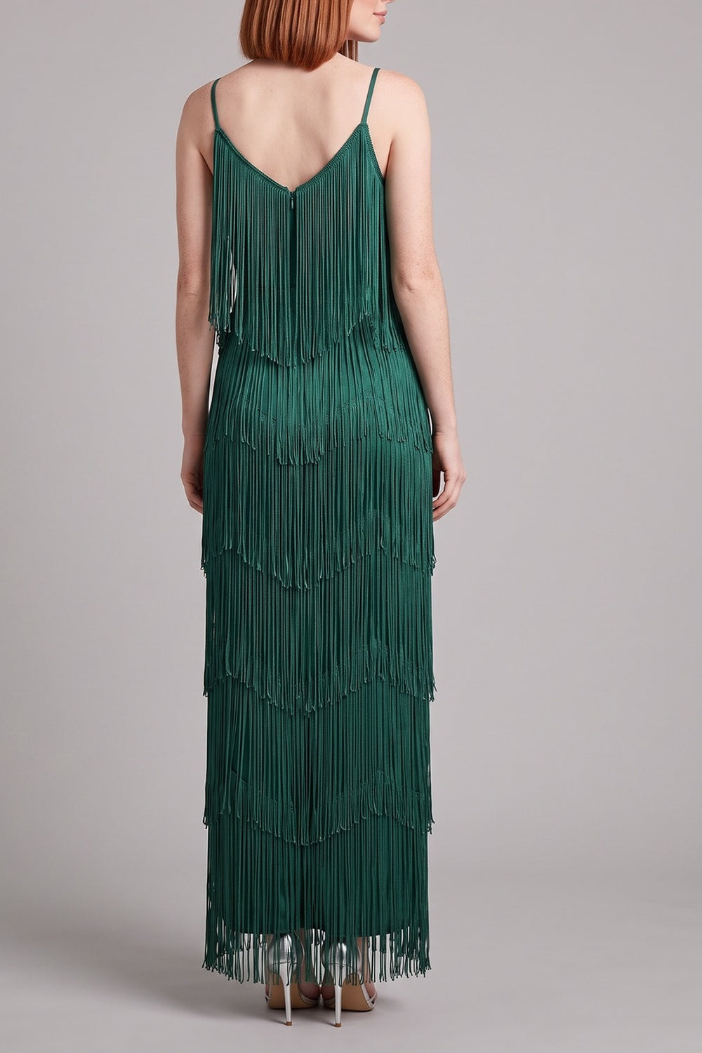 Strap V-Neck Layered Fringe Maxi Dress