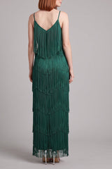 Strap V-Neck Layered Fringe Maxi Dress