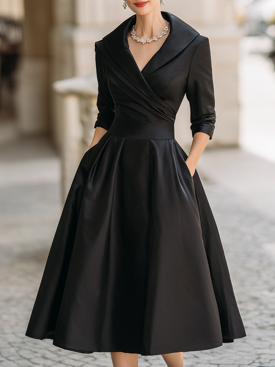 Vintage-Inspired Satin Midi Dress With Collar