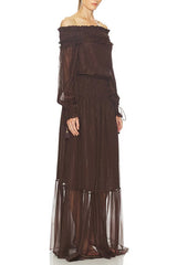 Brown Off-Shoulder Long Sleeve Maxi Dress with Ruched Trim