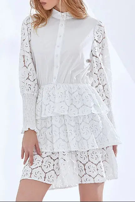 Long Sleeves Layered Lace Mini Dress in white