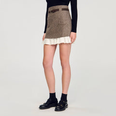 Mini Skirt with Frill With Belt in Brown