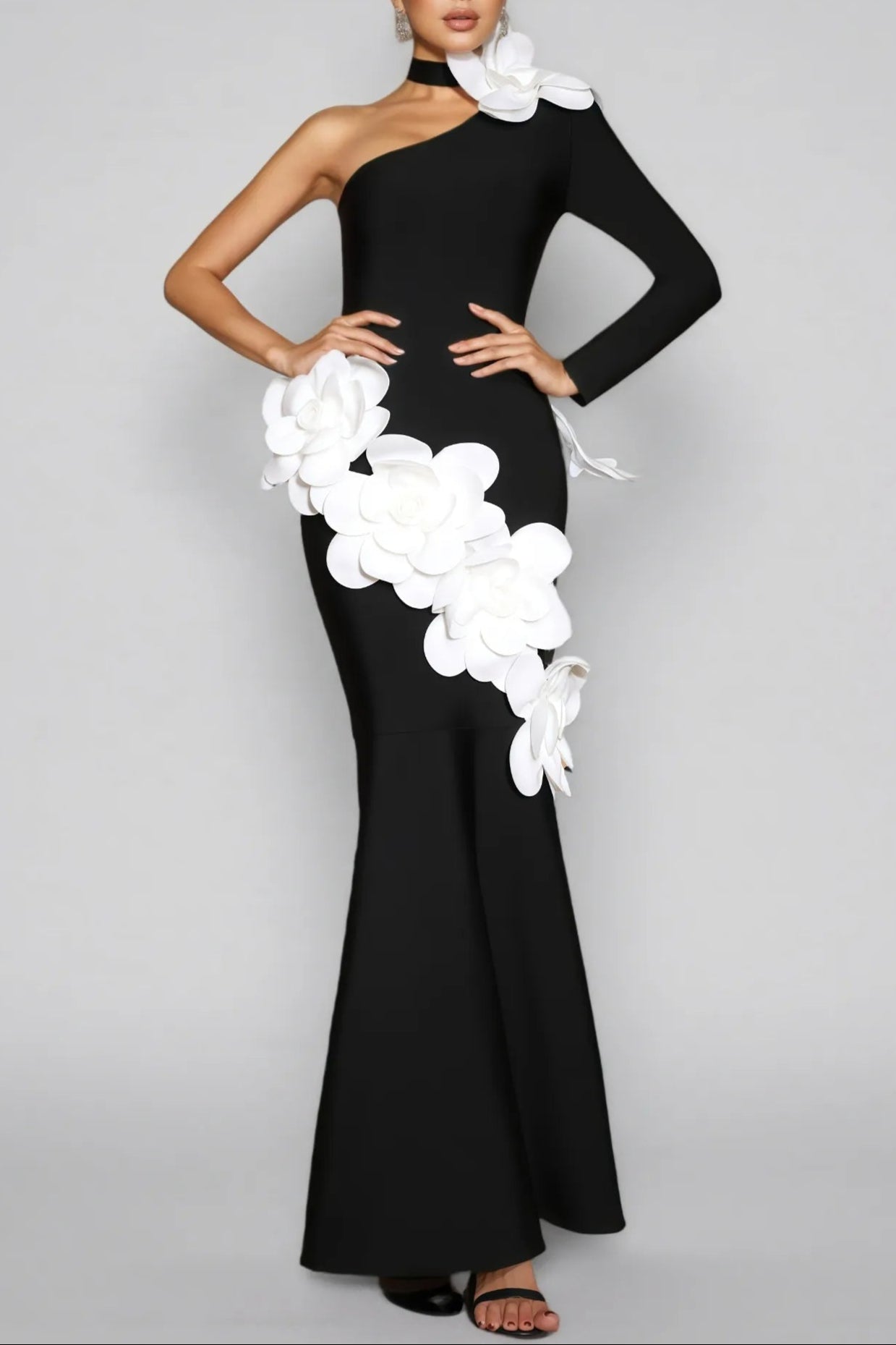 One Shoulder 3D Flower Bandage Maxi Dress in Black