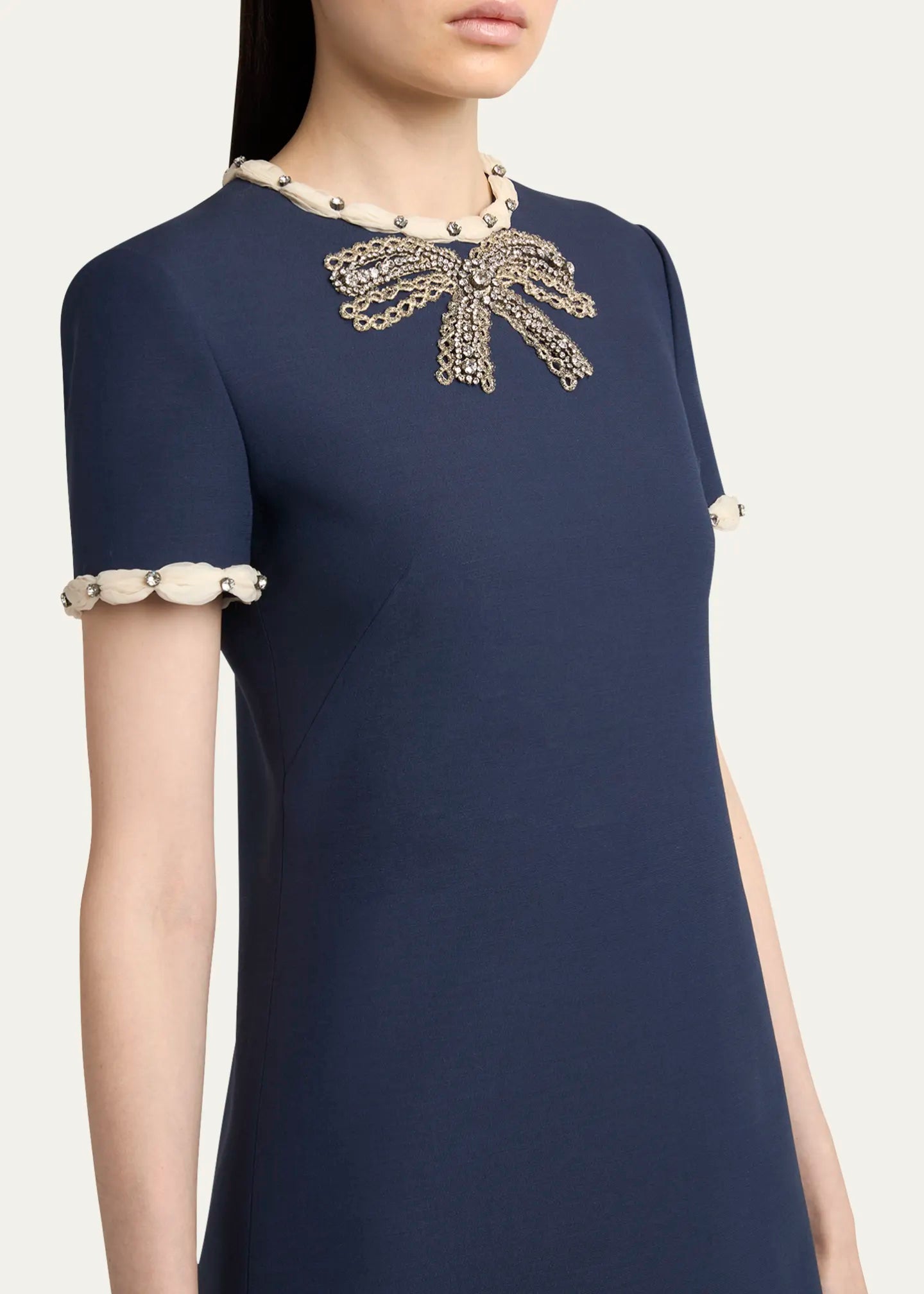 Rhinestone Embroidered Crepe Mini Dress in Navy Blue