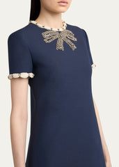 Rhinestone Embroidered Crepe Mini Dress in Navy Blue