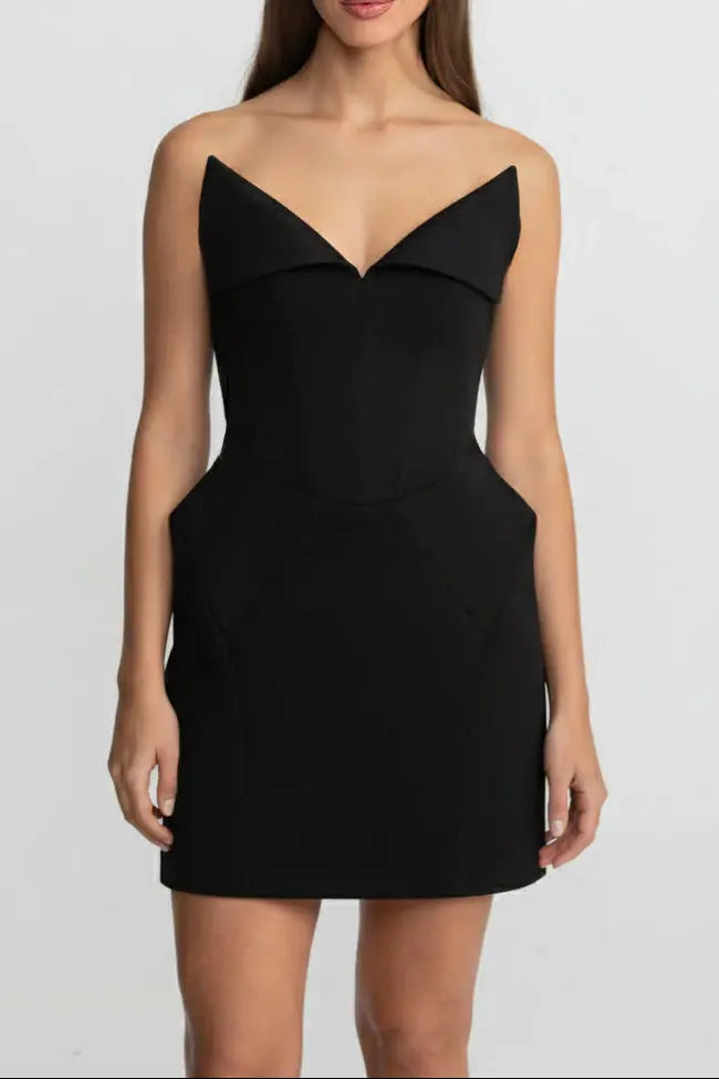 Folded Collar Corset Mini Dress in Black