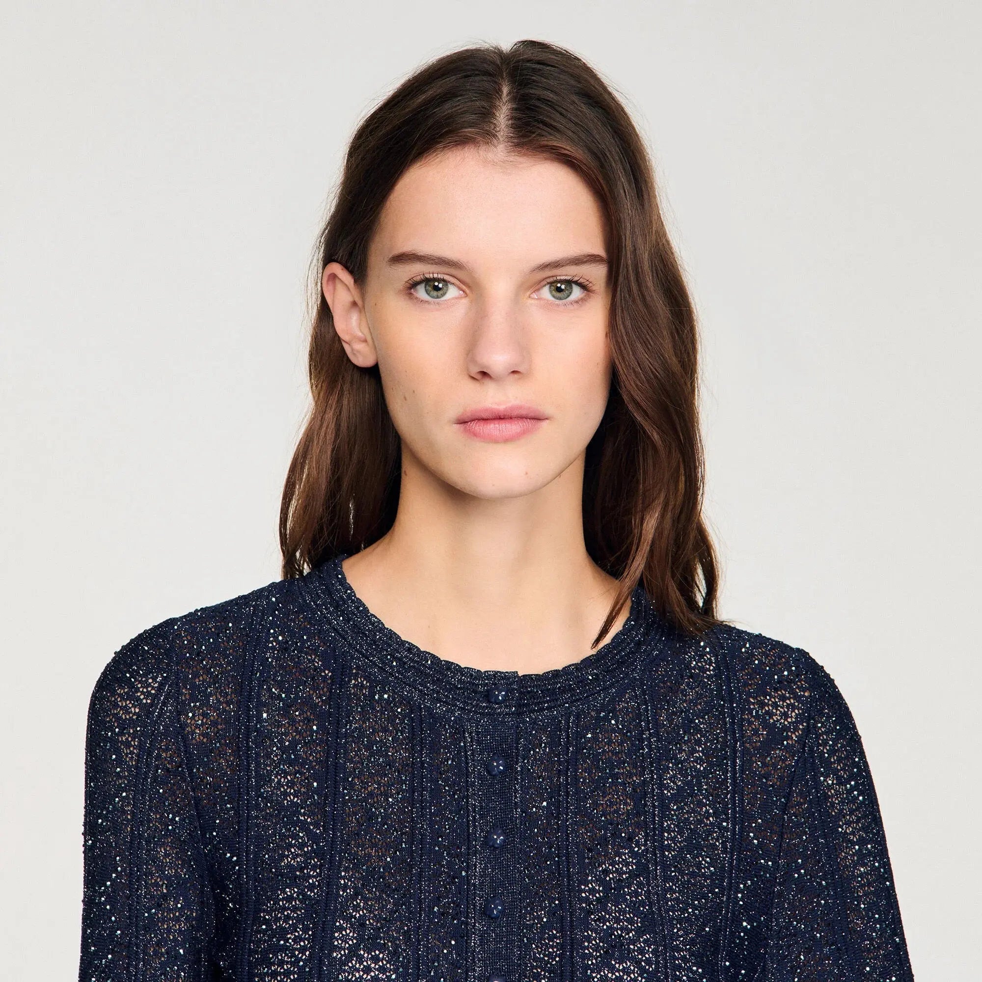 Strass Knit Cropped Cardigan in Navy Blue