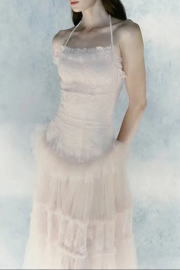 Lace Splicing Maxi Dress in Pink