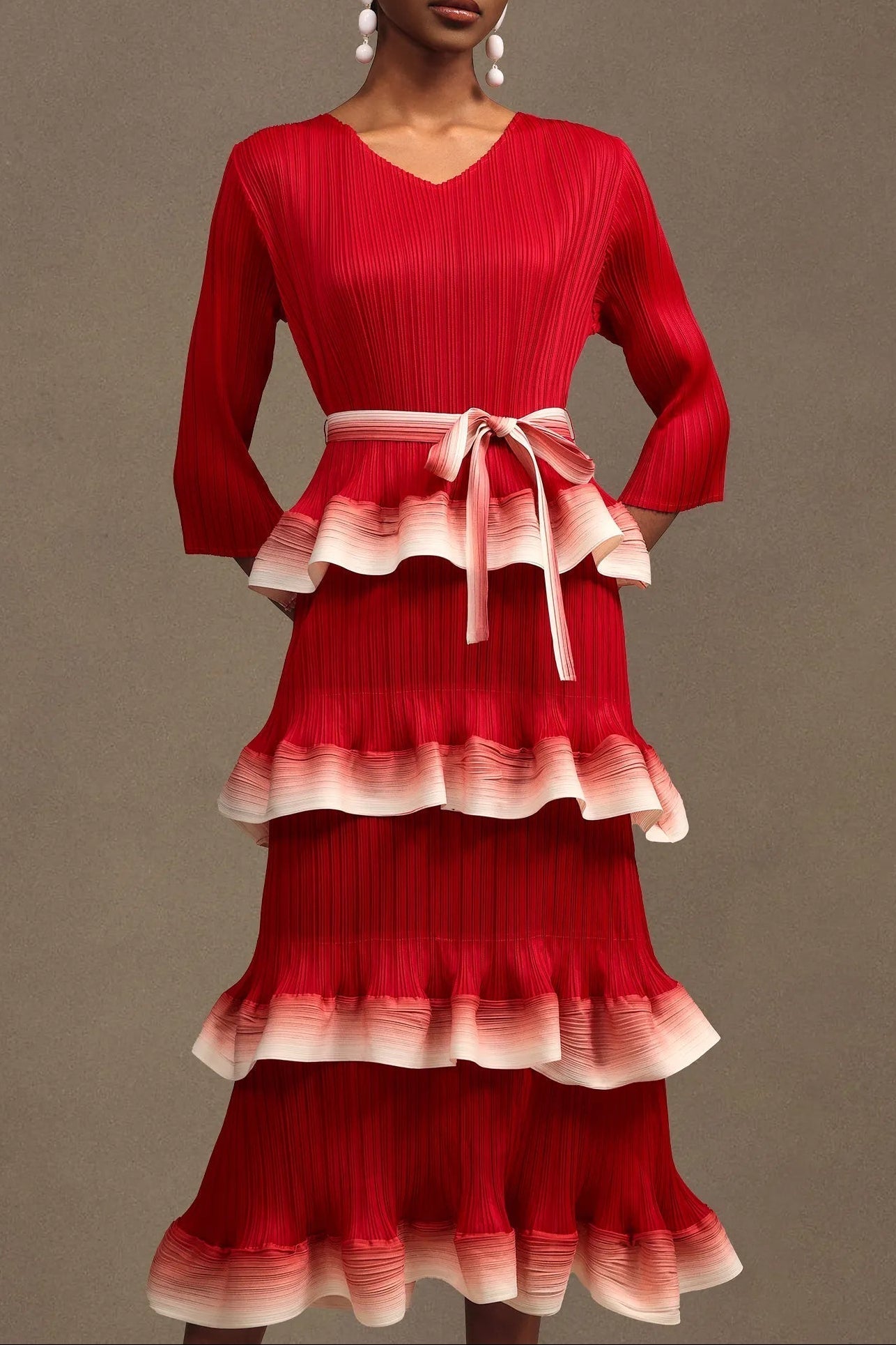 Round Neck Long Sleeve Falbala Woven Maxi Dress in red