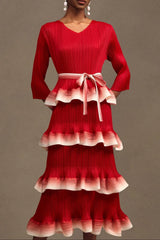 Round Neck Long Sleeve Falbala Woven Maxi Dress in red