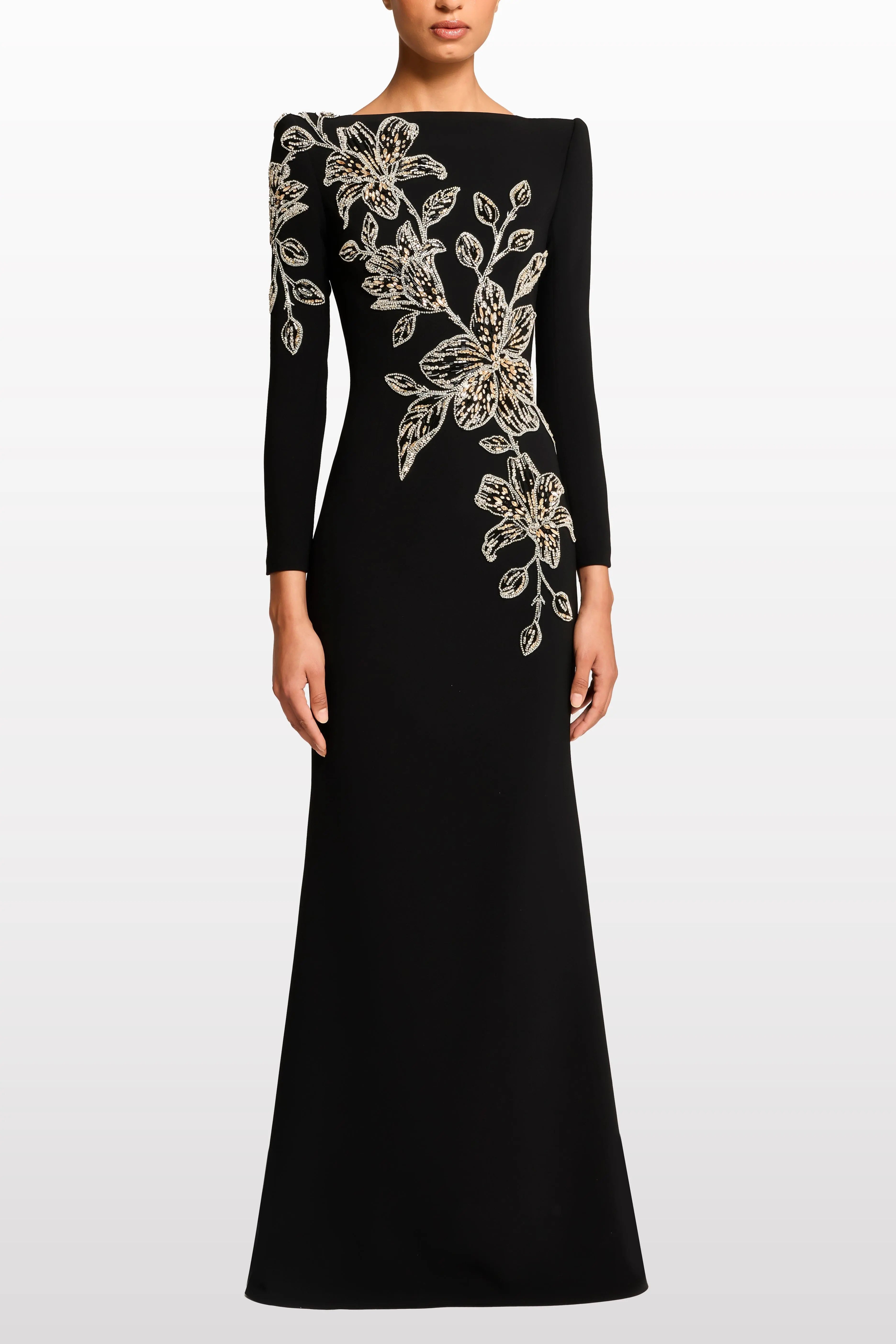 Rhinestone Orchid Floral-Embellished Maxi Dress in black