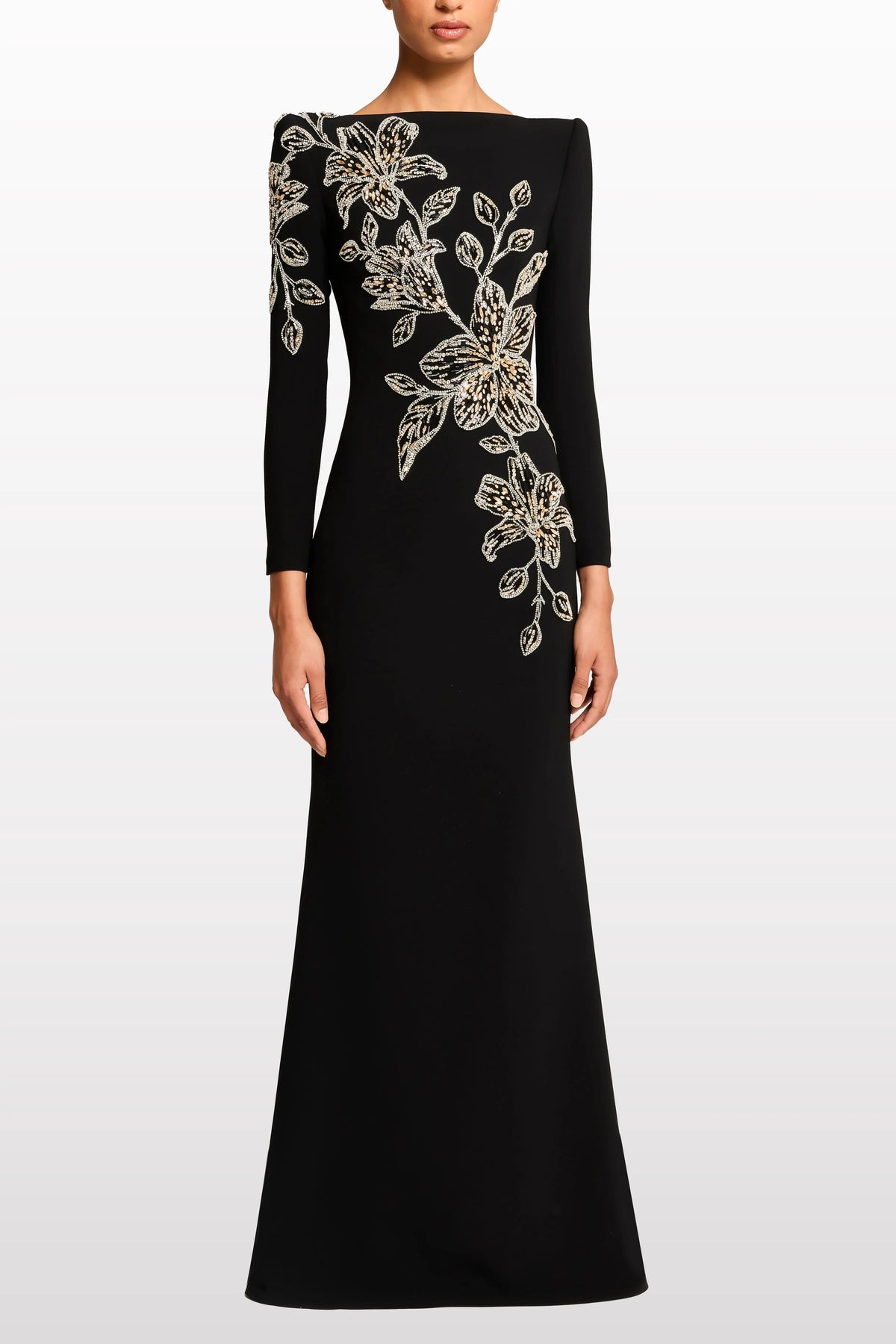 Rhinestone Orchid Floral-Embellished Maxi Dress in black