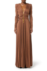 Deep V Puff Sleeve Maxi Dress in Brown
