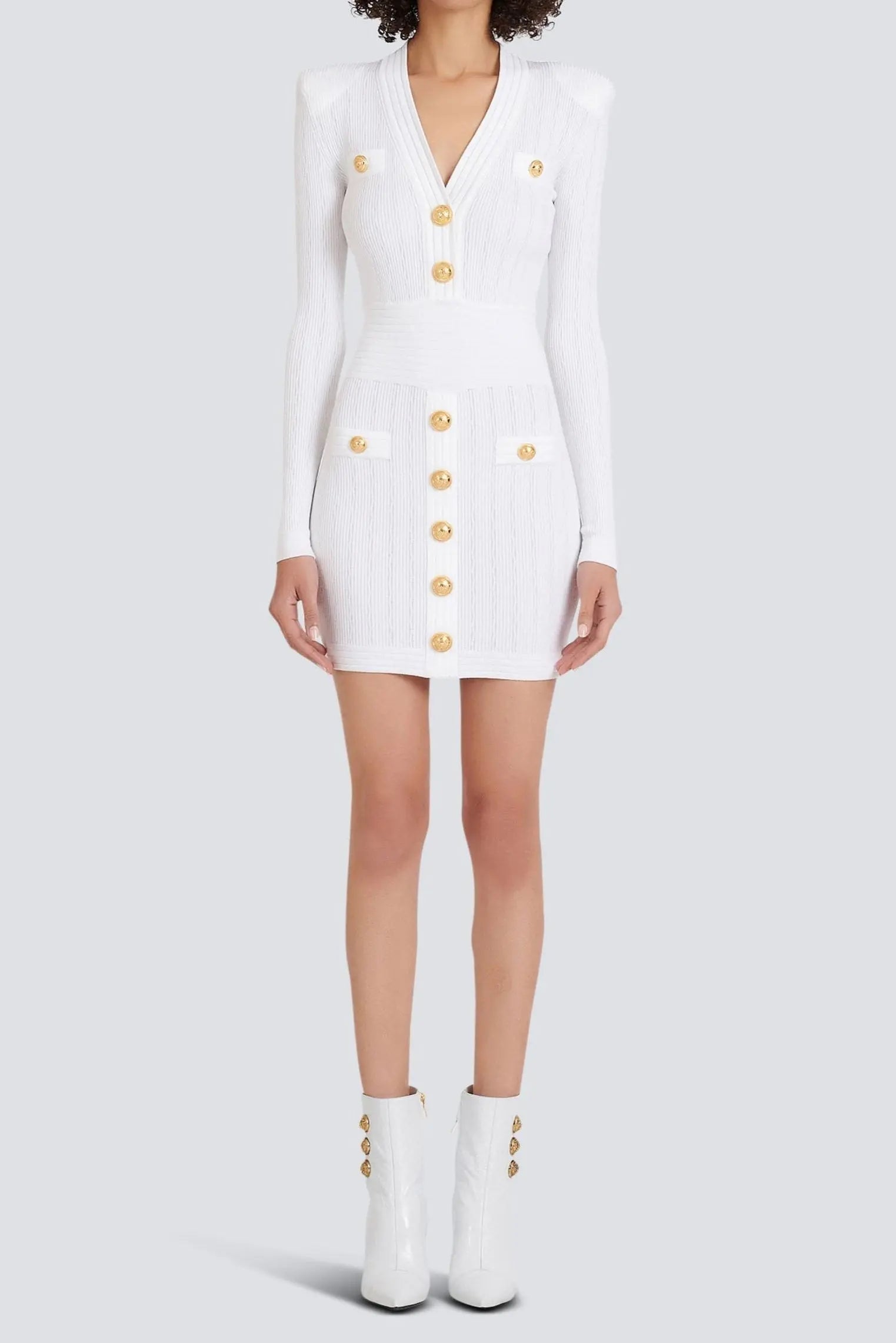 V-Neck Button-Detail Ribbed Mini Dress in White