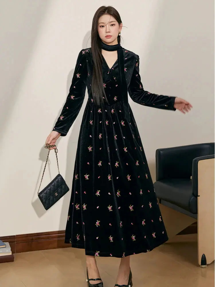 V-Neck Floral Embroidered Maxi Dress in black