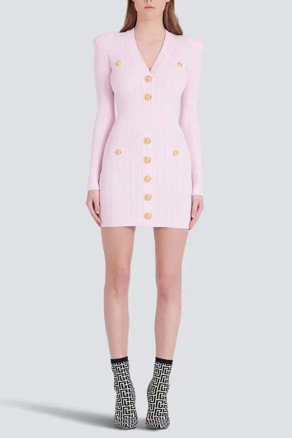 V-Neck Button-Detail Ribbed Mini Dress in Pink