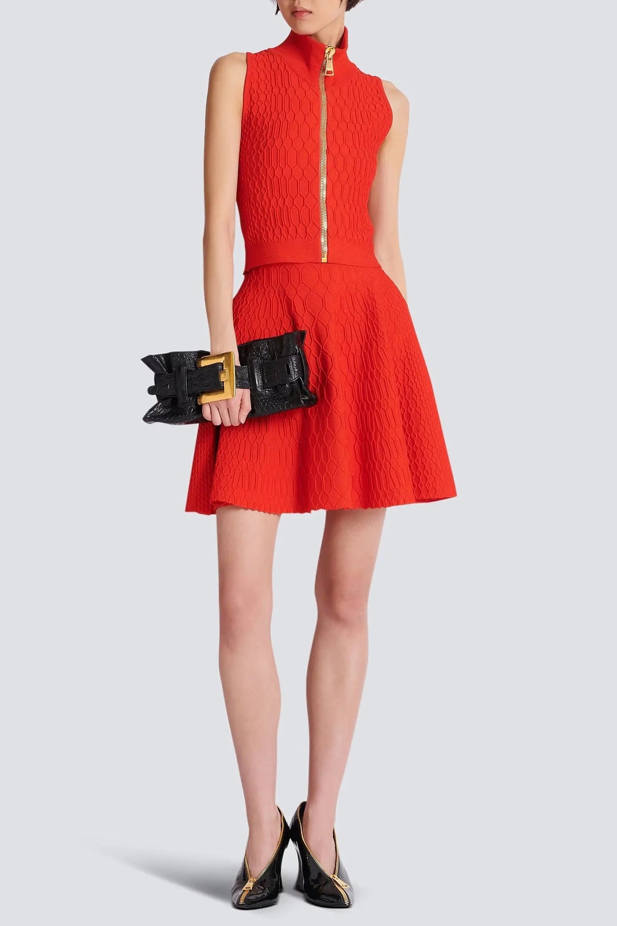 Sleeveless Plaid Knit Top Skirt Set in Red