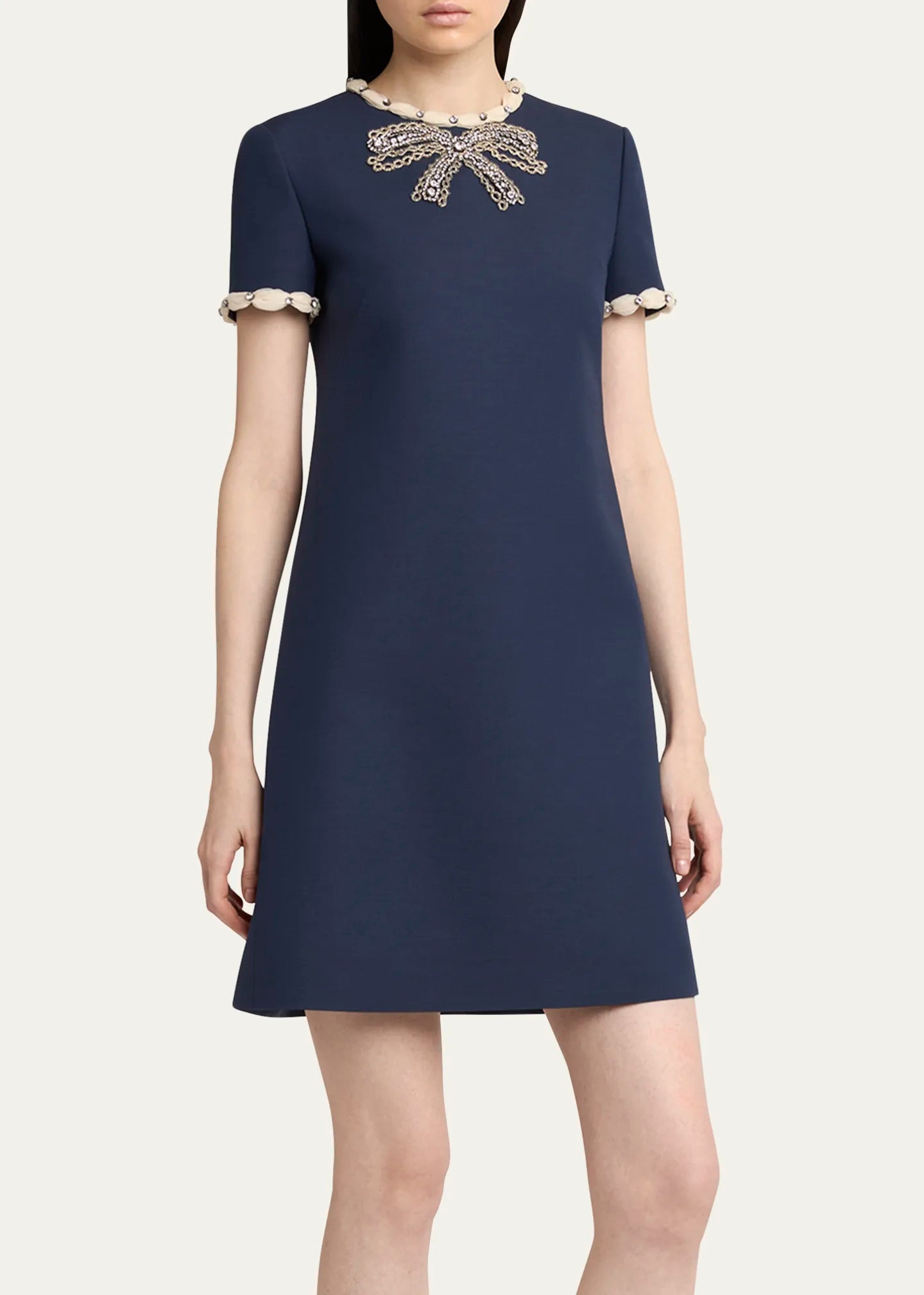 Rhinestone Embroidered Crepe Mini Dress in Navy Blue