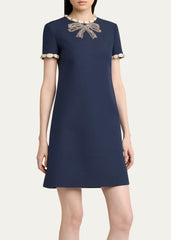 Rhinestone Embroidered Crepe Mini Dress in Navy Blue