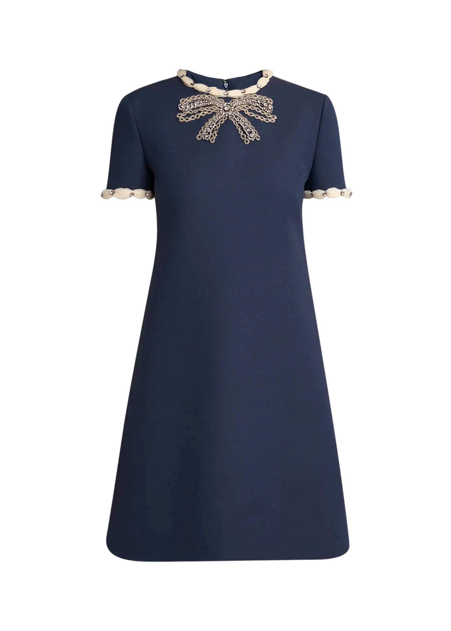 Rhinestone Embroidered Crepe Mini Dress in Navy Blue