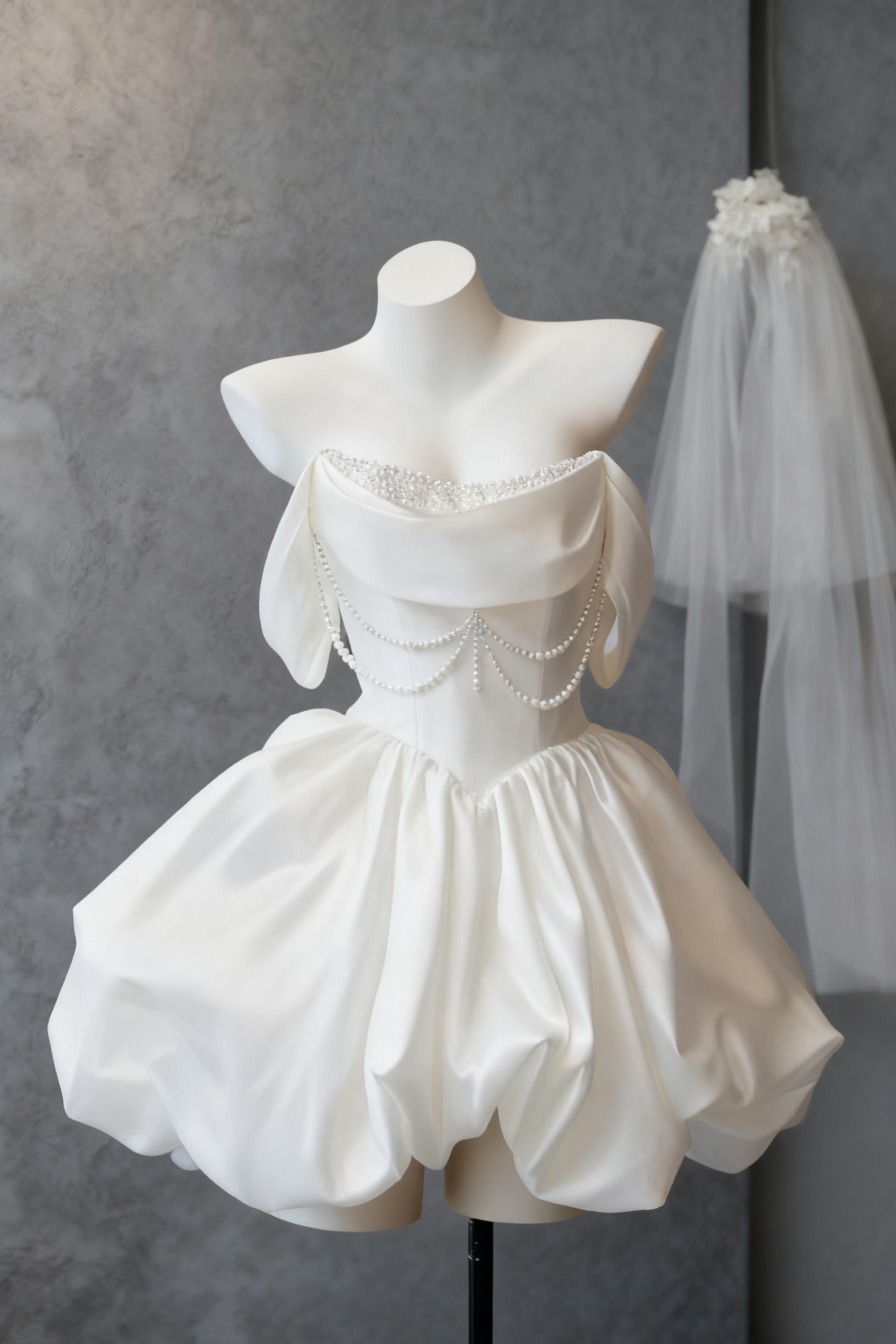 White Satin Off Shoulder Mini Dress