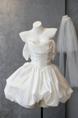 White Satin Off Shoulder Mini Dress