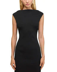Black Sleeveless Backless Knit Midi Dress with Two Golden Embellishments