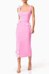 3D Flower Midi Dress in Pink