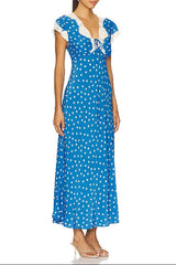 Lace-Trimmed V-Neck Maxi Dress in Blue