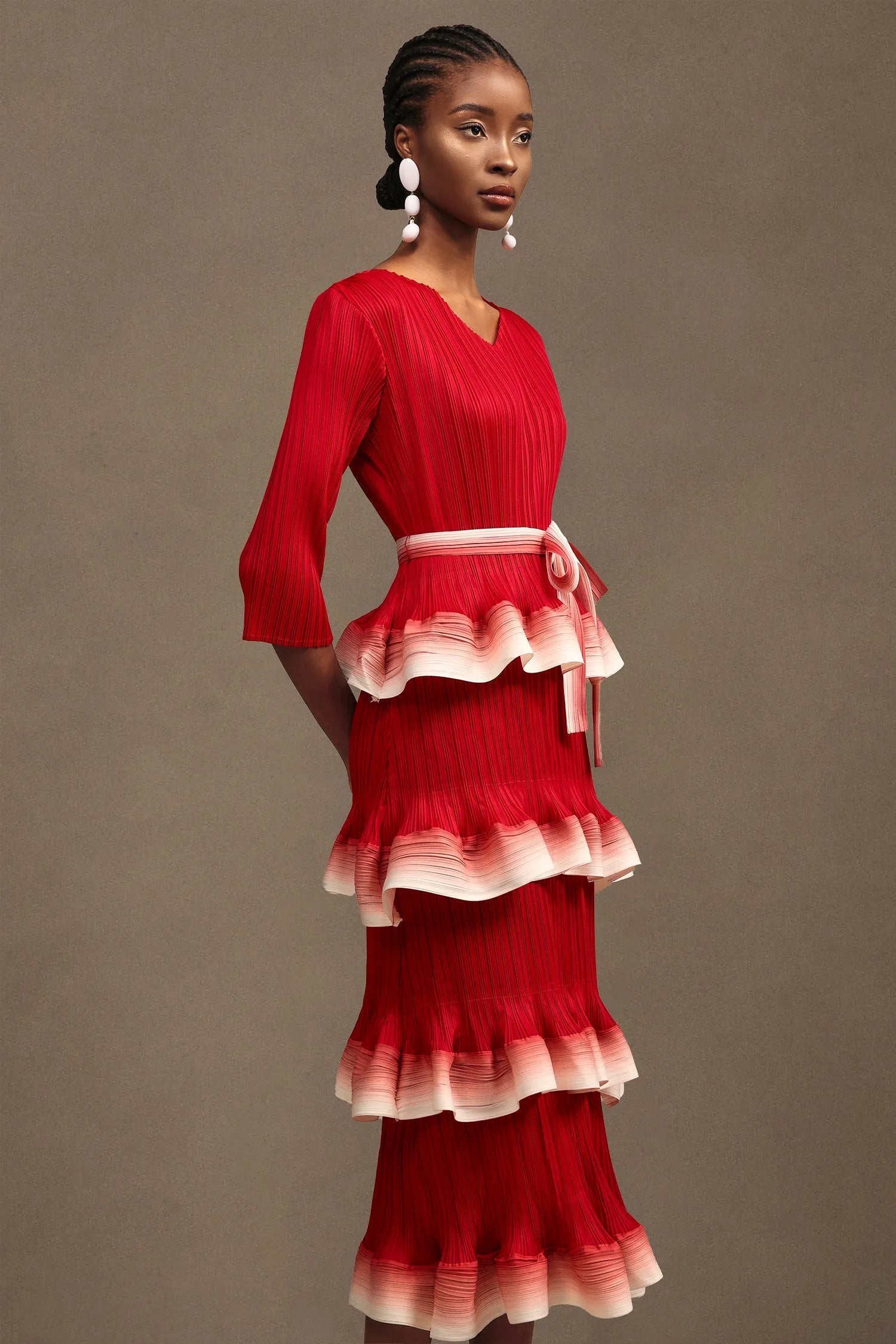 Round Neck Long Sleeve Falbala Woven Maxi Dress in red