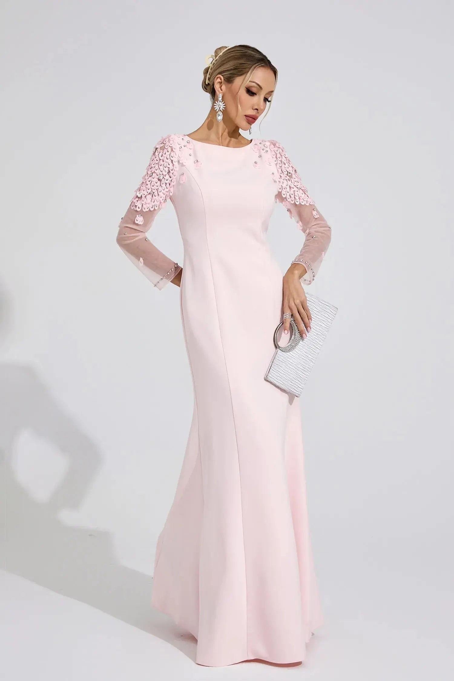 Pink Sequin Mesh Sleeve Maxi Dress