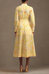 Long Sleeve Floral Printed Maxi Dress in Yellow
