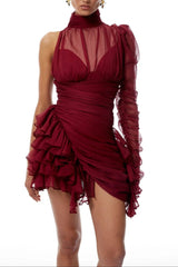 Asymmetrical Ruffled Mini Dress in Burgundy