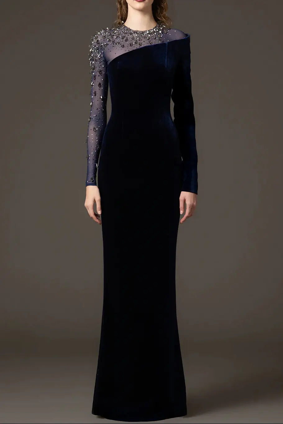 Crystal Patchwork Column Maxi Dress in dark blue
