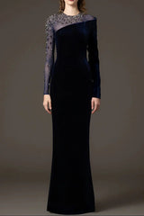 Crystal Patchwork Column Maxi Dress in dark blue