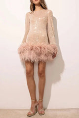 Pink Sequin Feather Trim Backless Mini Dress