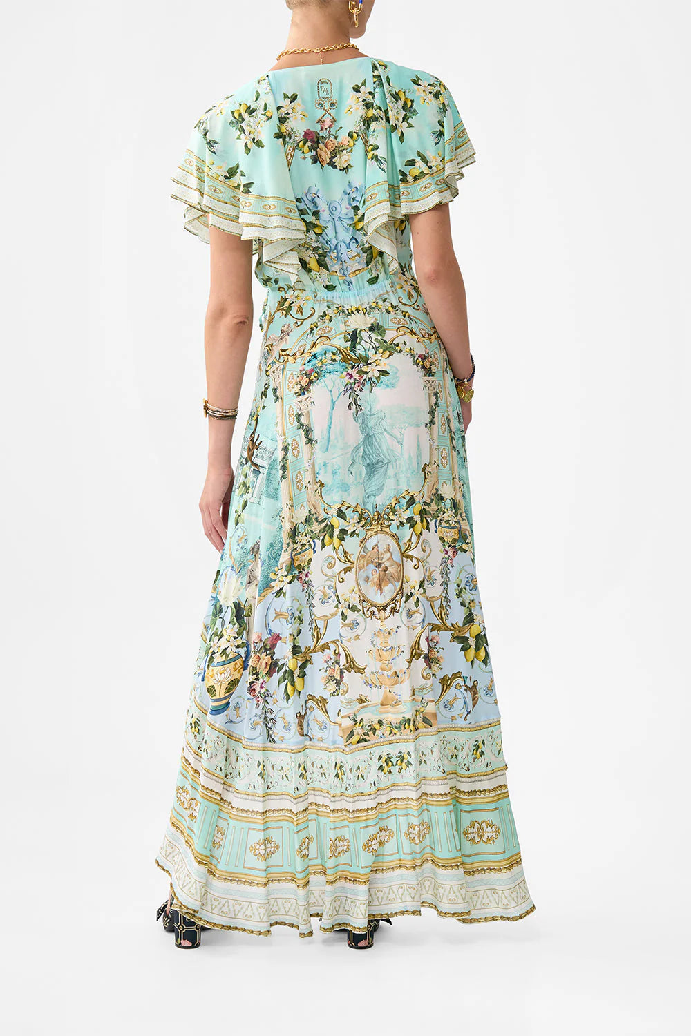 Green-Printed Ruffled V-Neck Hem Silk Maxi Dress