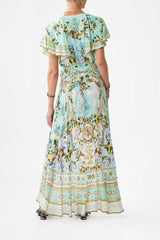 Green-Printed Ruffled V-Neck Hem Silk Maxi Dress