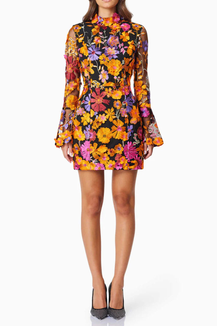 Orange Flower Embroidered Long Sleeves Mini Dress