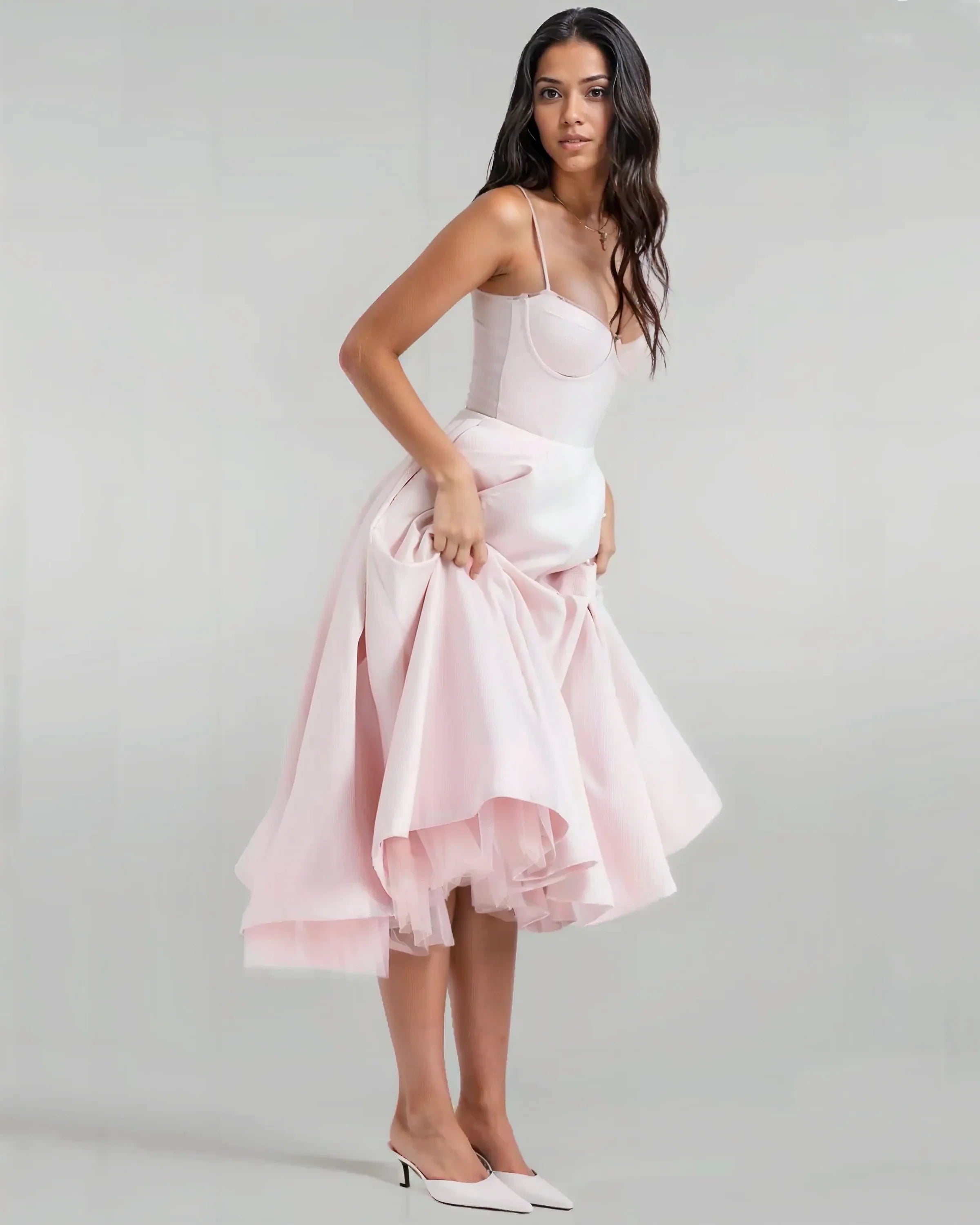 Satin Corset Layered A-Line Midi Dress - Baby Pink