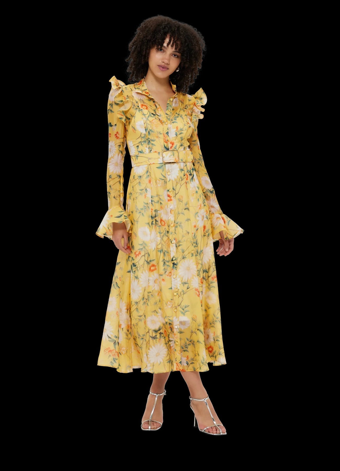 Print Sleeve Midi Dress in Yellow