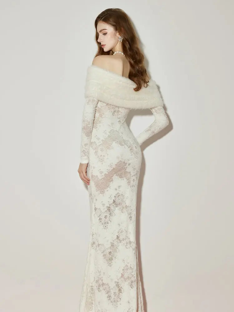 Off-Shoulder Fur Collar Long Sleeve Lace Maxi Dress in White