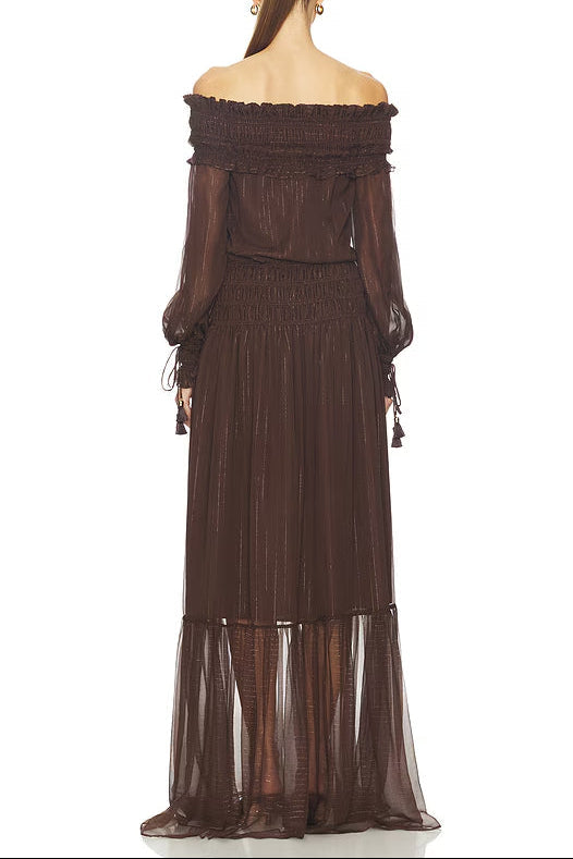 Brown Off-Shoulder Long Sleeve Maxi Dress with Ruched Trim