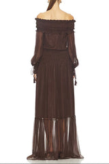 Brown Off-Shoulder Long Sleeve Maxi Dress with Ruched Trim
