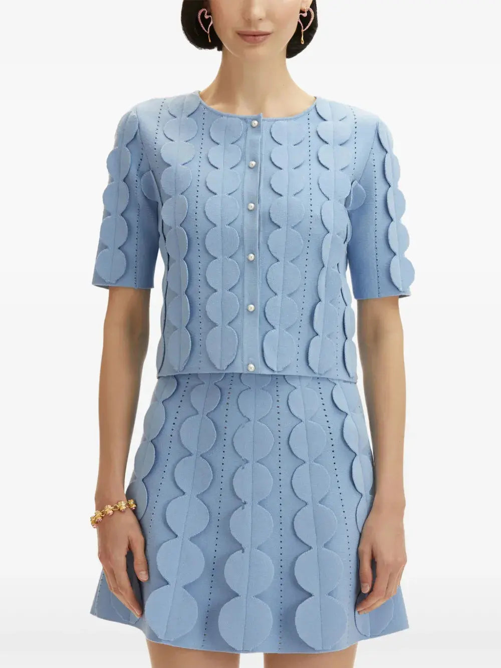 Blue Geometric Circle Pattern Cardigan Skirt Two-piece Set